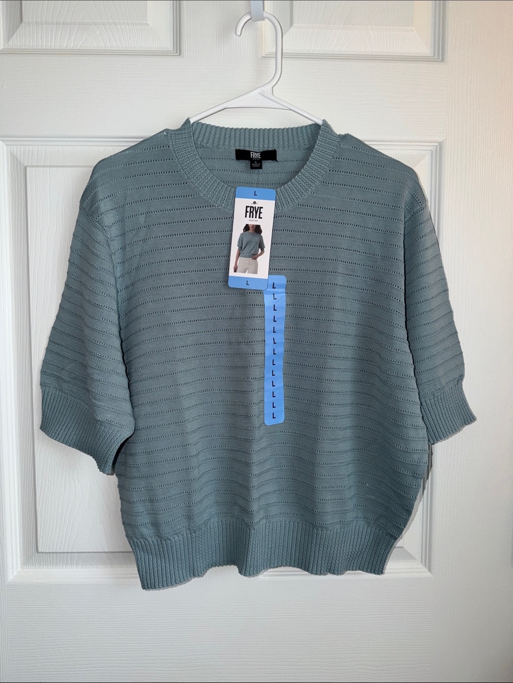 Frye Dusty Sage Open-Knit Short Sleeve Crewneck Sweater